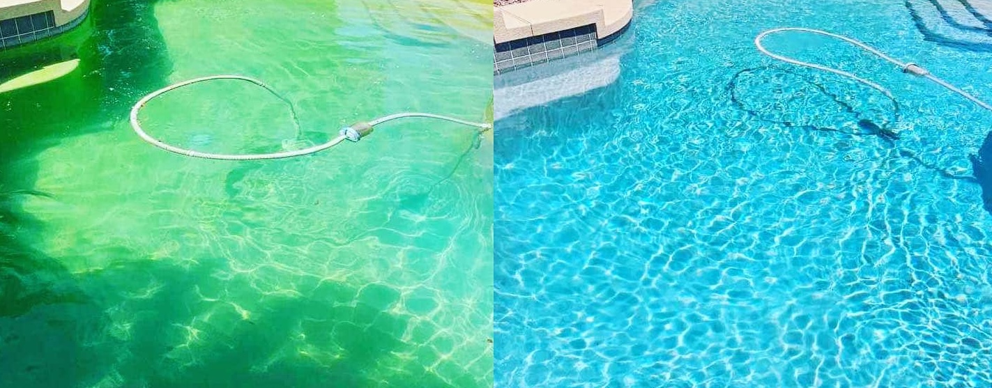 A green algae-filled swimming pool before service and the same pool with clear blue water after